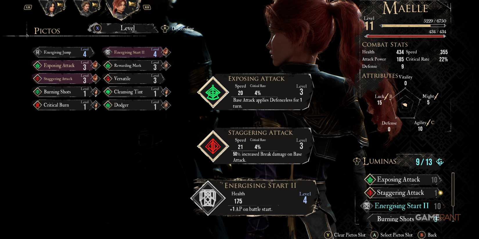 Character customization with Pictos and Luminas enhances combat mechanics in Clair Obscur Expedition 33 battles