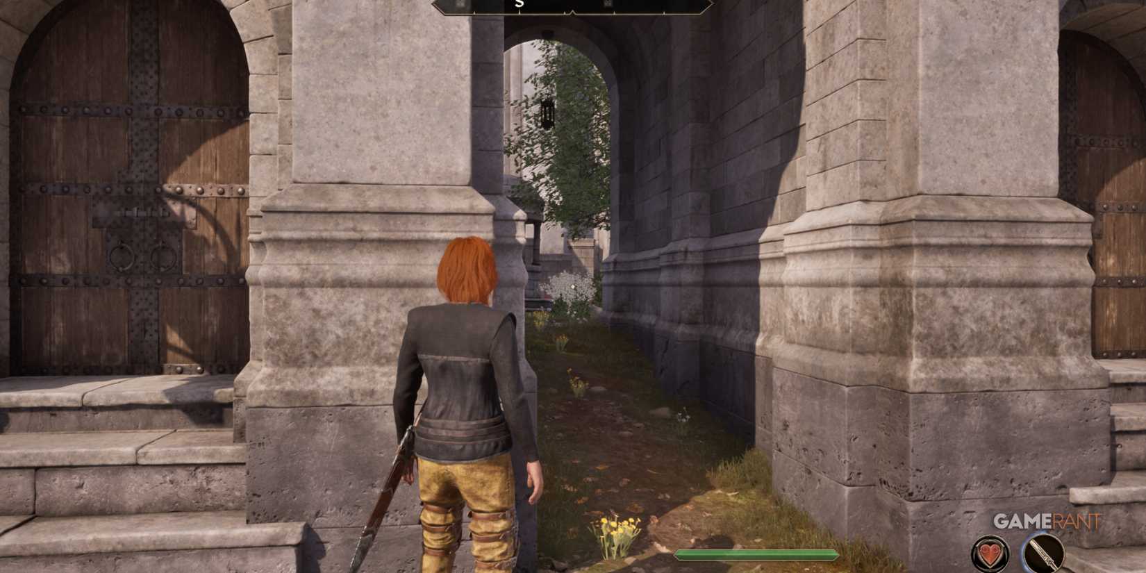 Character in casual brown pants and a black jacket walks through a city archway in Oblivion Remastered