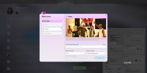 Create a new event like a party by selecting the type, naming it, and setting the time and place in inZOI