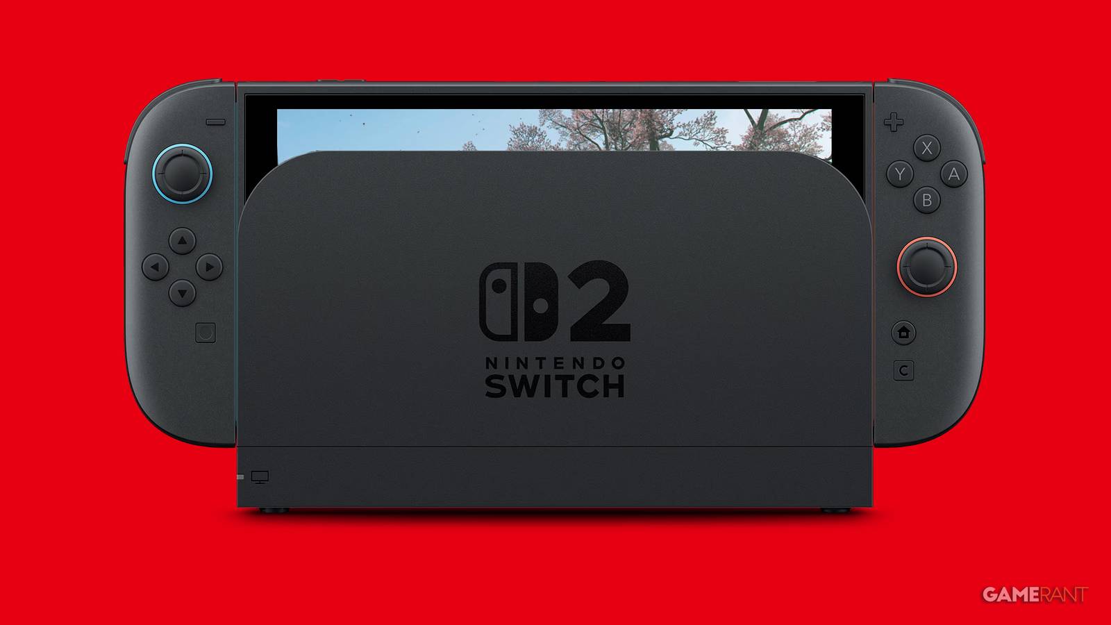 Docked Nintendo Switch 2 displaying obscured Assassin's Creed Shadows tree gameplay screenshot on red background