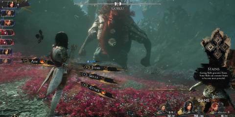 Facing the massive Goblu, the team prepares their strategy in Clair Obscur Expedition 33, using Skills that generate Stains during battle