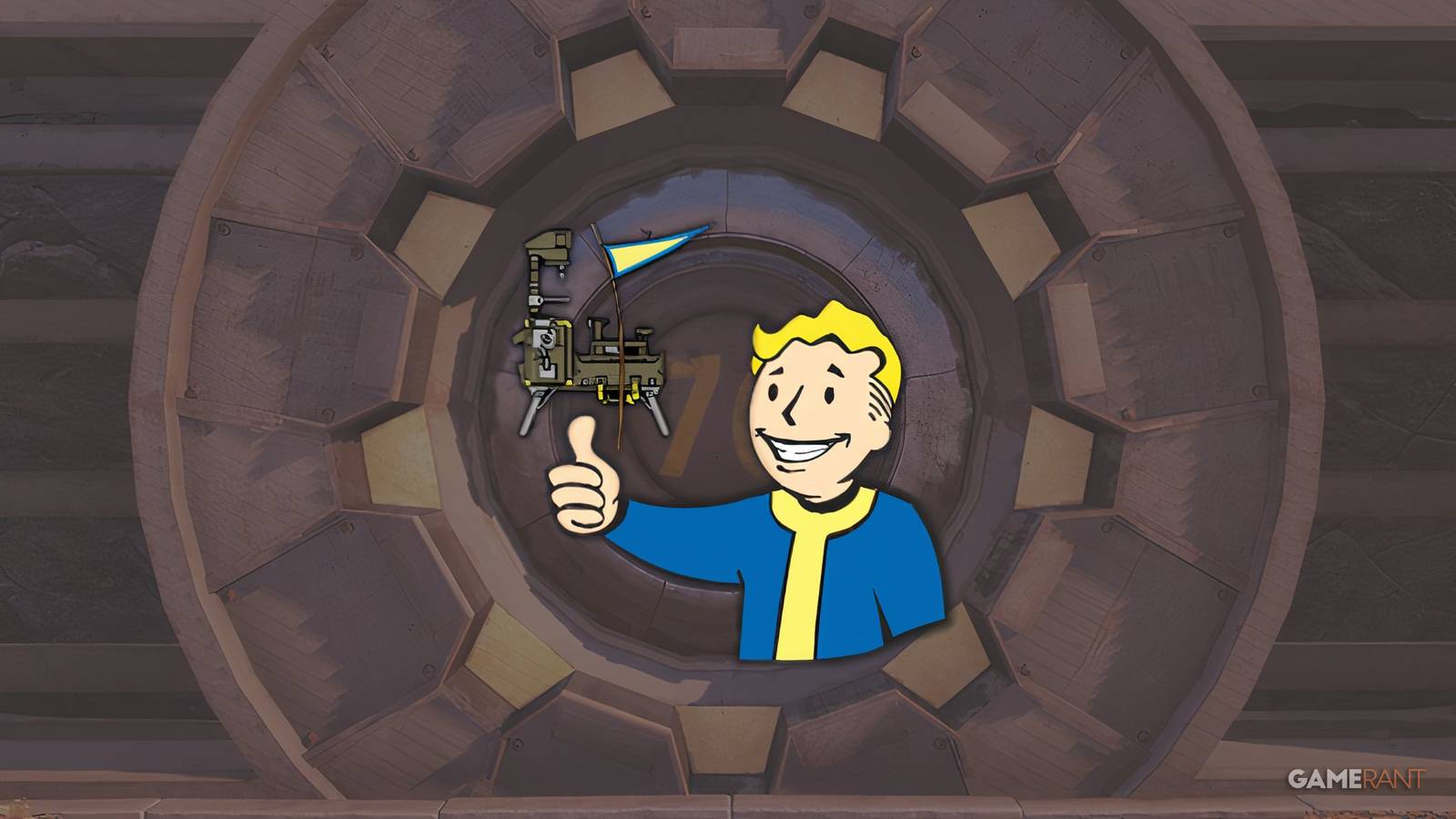 Fallout 76 Vault 76 background with CAMP Love Approve Emote Vault Boy Official Art edit GAMERANT