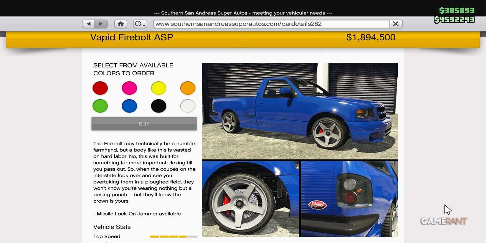 vapid firebolt asp price The Vapid Firebolt ASP Price : $1,894,500 Primarily Based : Ford F-150 SVT Lightning (2001) Now Available At Southern San Andreas Super Autos Note : This Has HSW Upgrades #GTAOnline #AgentsOfSabotage #RockstarGames #Snapmatic