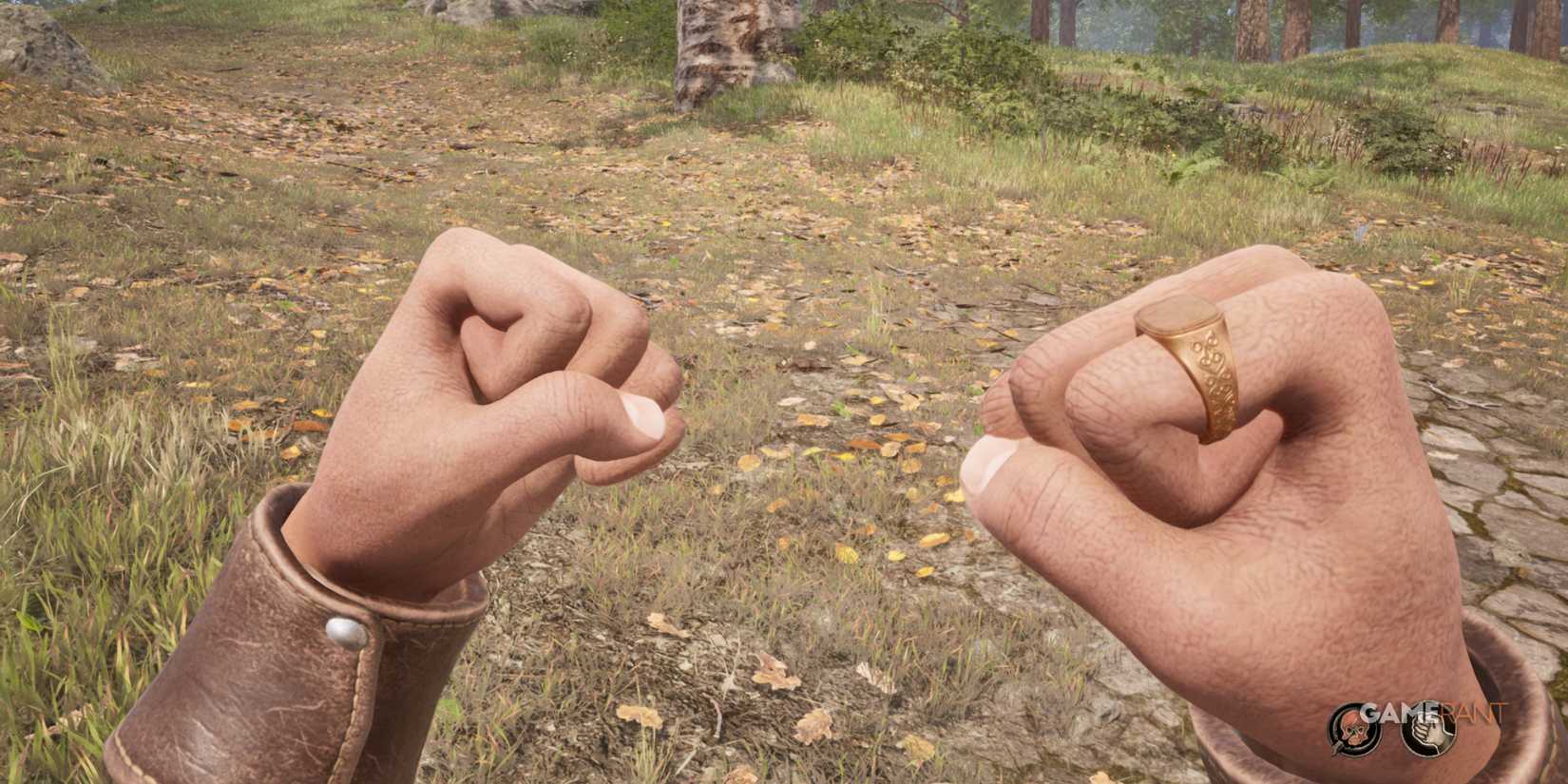 First-person hand-to-hand stance, enhanced by Bands of Kwang Lao in Oblivion Remastered