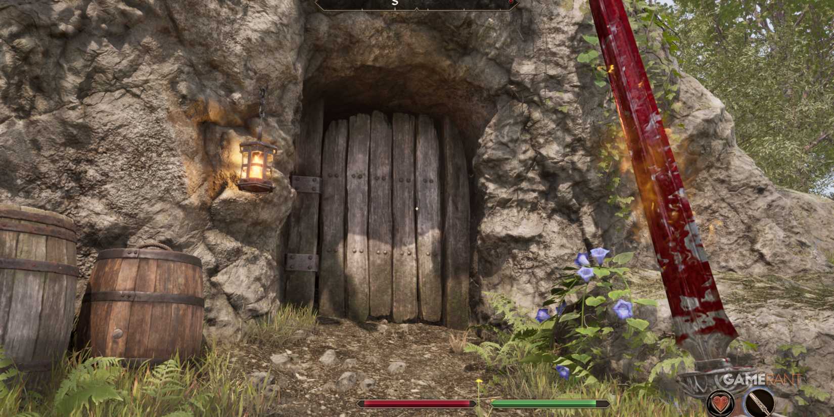 First-person view of an enchanted red blade glowing near a cave entrance surrounded by nature in Oblivion Remastered