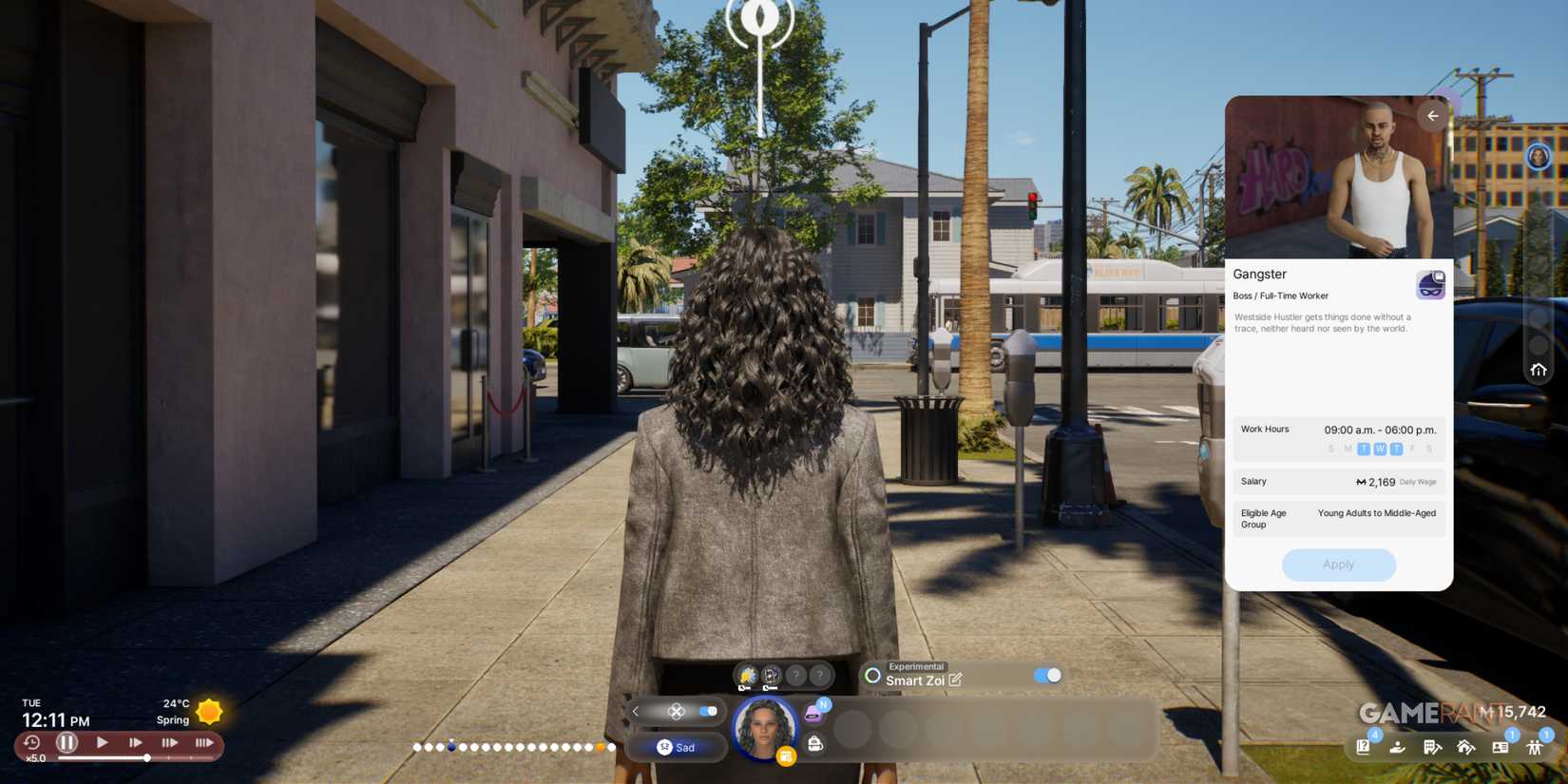 Gangster for Westside Hustler, 9 to 6, pays M2,169 per day, shadowy path but offers Inzoi's highest income