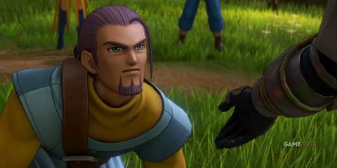 Hendrik kneels and accepts an ally's hand, sealing his decision to fight alongside the heroes in Dragon Quest XI