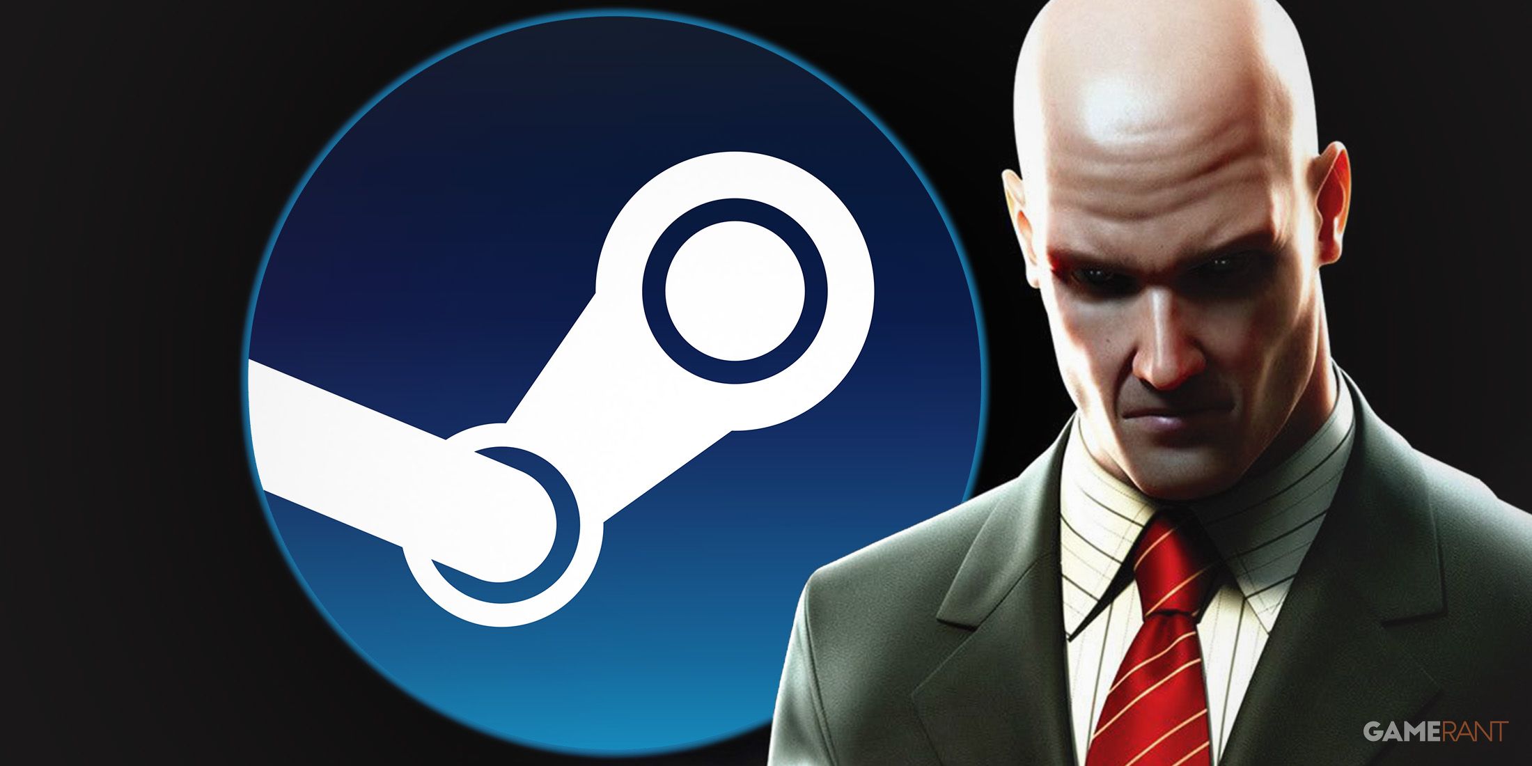 Hitman Blood Money Agent 47 character artwork in front of glowing Steam logo on black background 2x1 composite