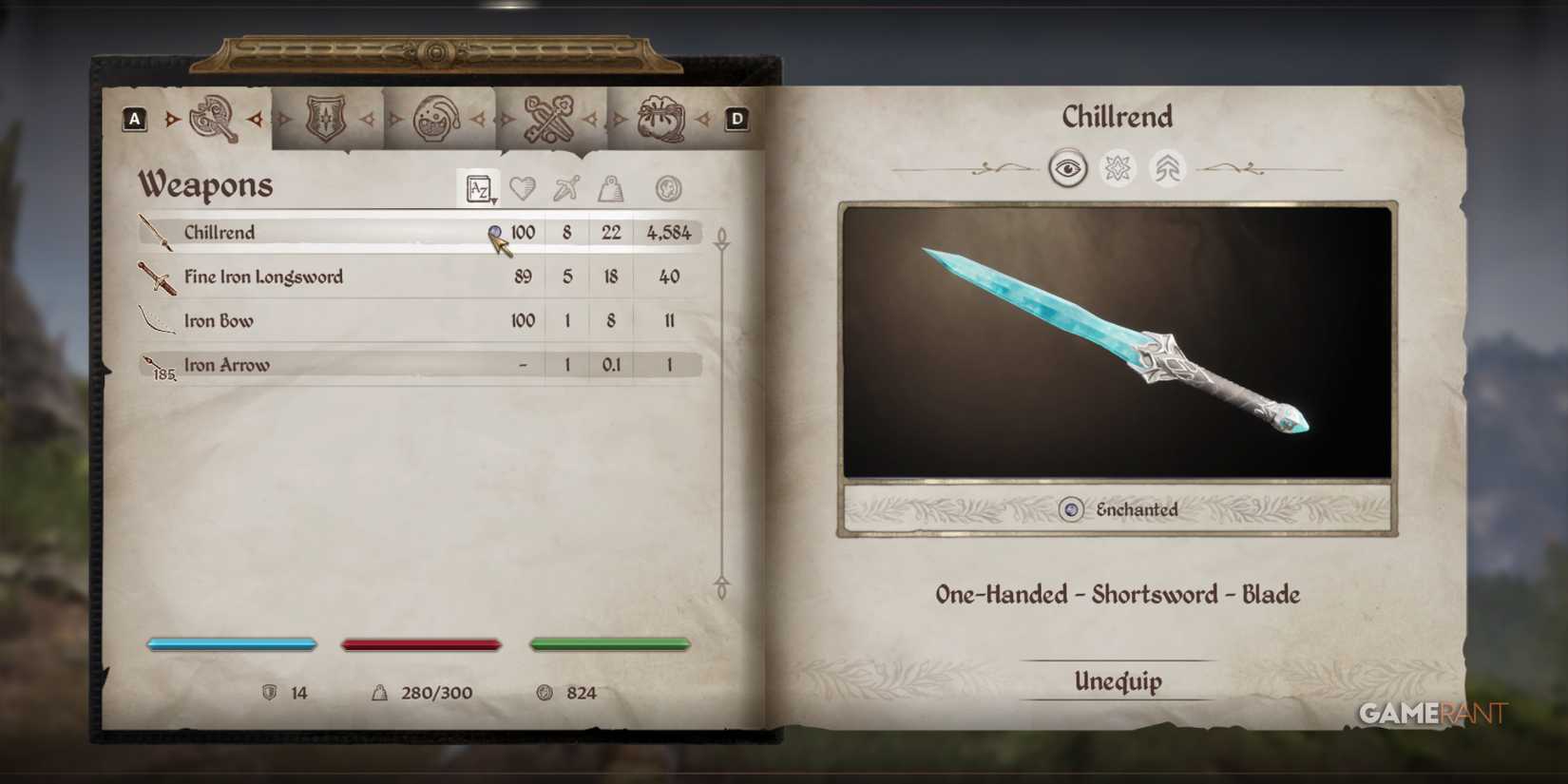 Inventory screen showcasing Chillrend, one of the best enchanted early game weapons in Oblivion Remastered