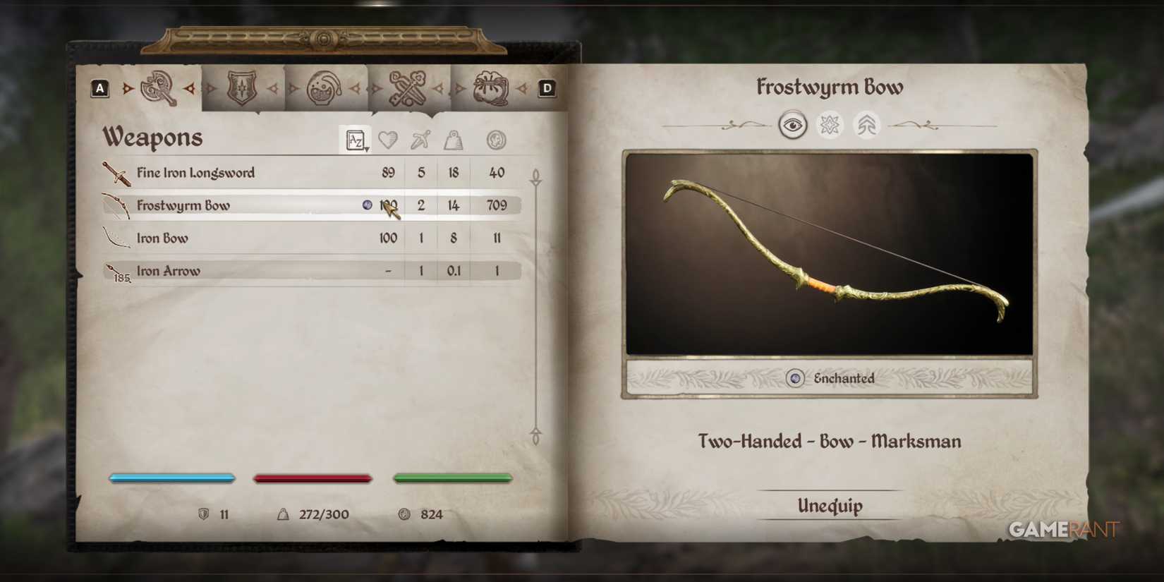 Inventory screen showing Frostwyrm Bow, a top-tier enchanted early game weapon in Oblivion Remastered