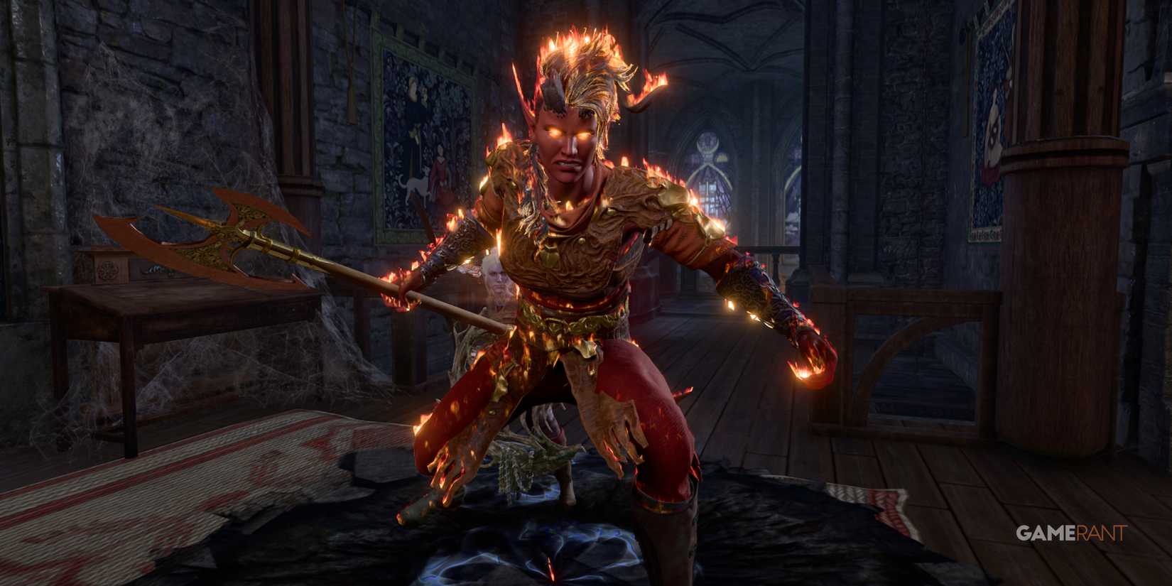 Karlach empowered by flames in a Patch 8 multiclass build of Path of the Giant Barbarian and Fighter in Baldur's Gate 3