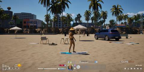 Leveling up fitness skills by maintaining posture on the beach in InZoi, preparing to hit the waves