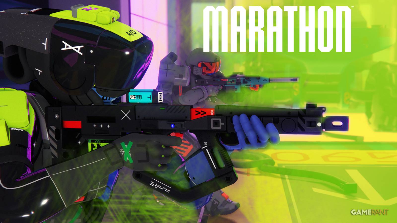 Marathon promo screenshot two characters holding assault rifles below small white game logo withj lime-heavy background edit