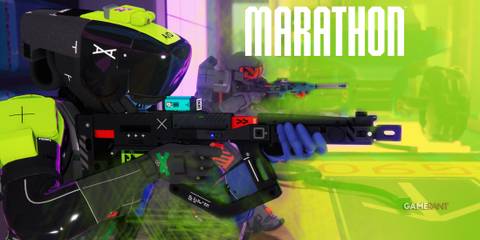 Marathon promo screenshot two characters holding assault rifles below small white game logo withj lime-heavy background edit