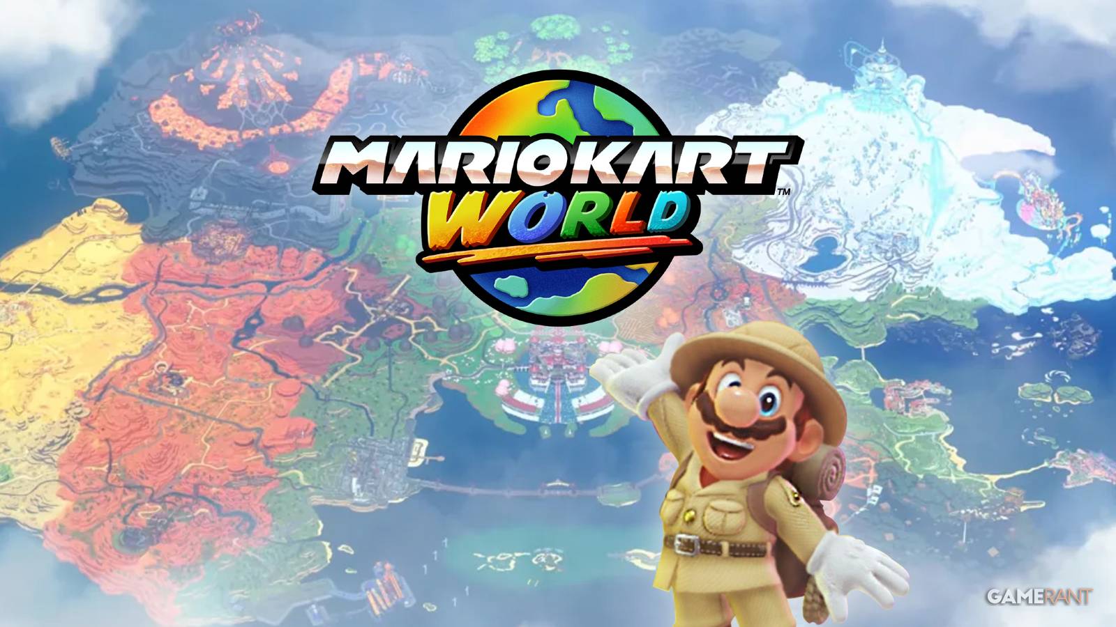 Explorer Mario in front of Mario Kart World's Open-World Map
