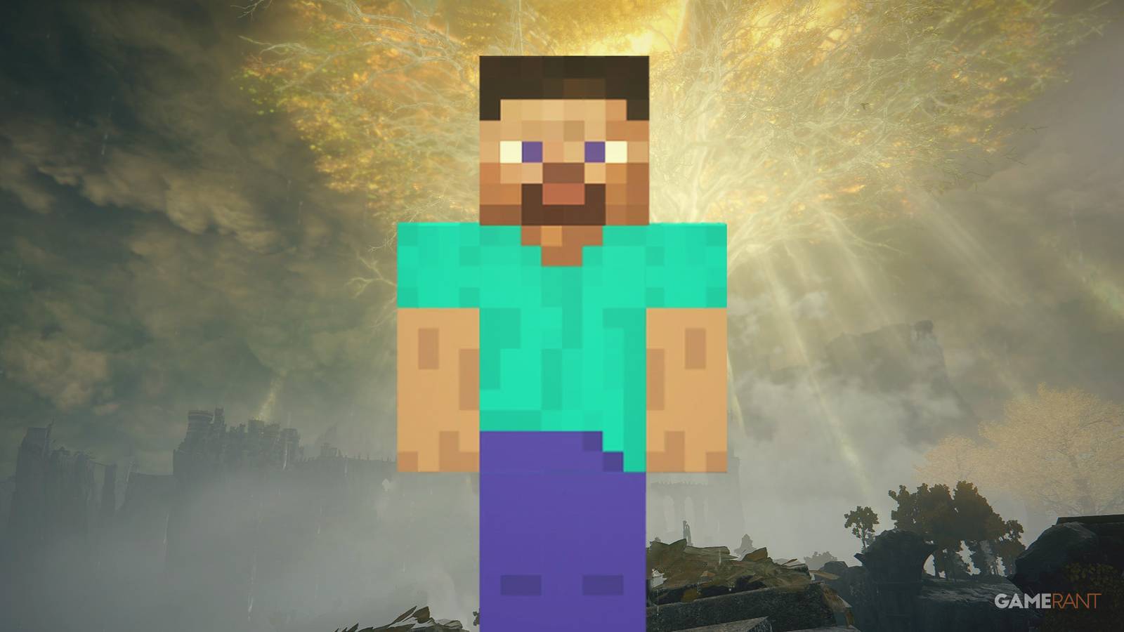 Minecraft Steve in Elden Ring Lands Between 2x1 composite