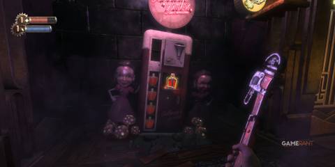 8 Video Games Where the Main Character is Psychologically Broken player holding a wrench looking at the first plasmid