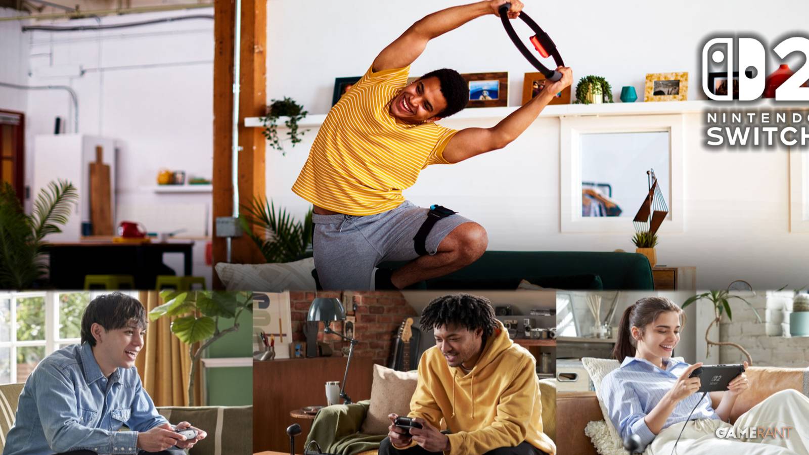 One person exercises while playing Ring Fit Adventure with three more people playing with them below.