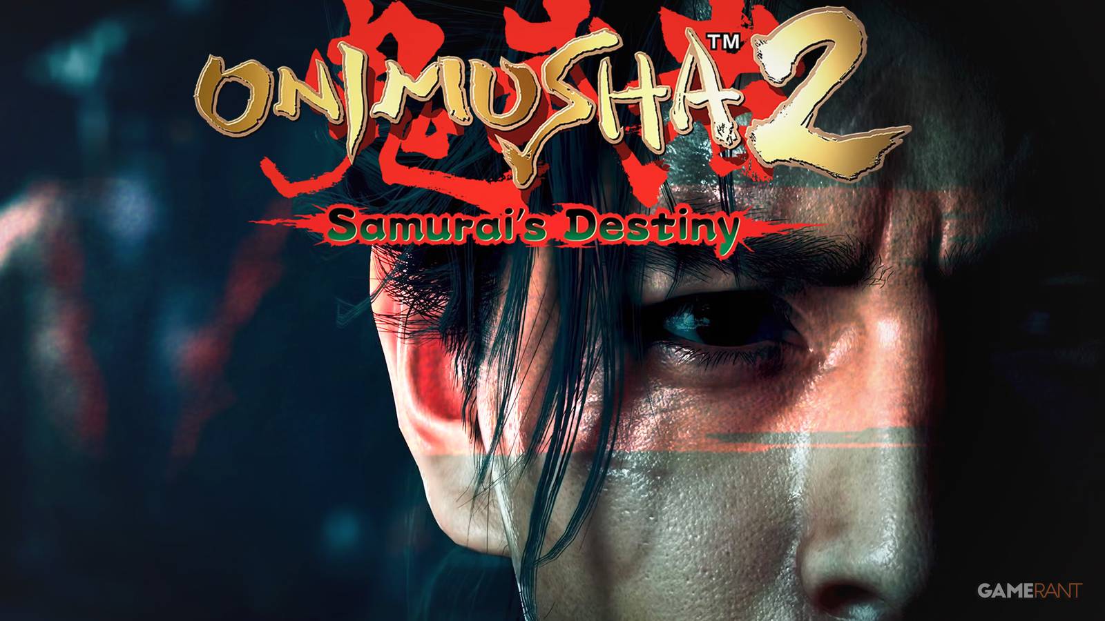 Onimusha 2 Samura's Destiny logo above character close-up red line edit