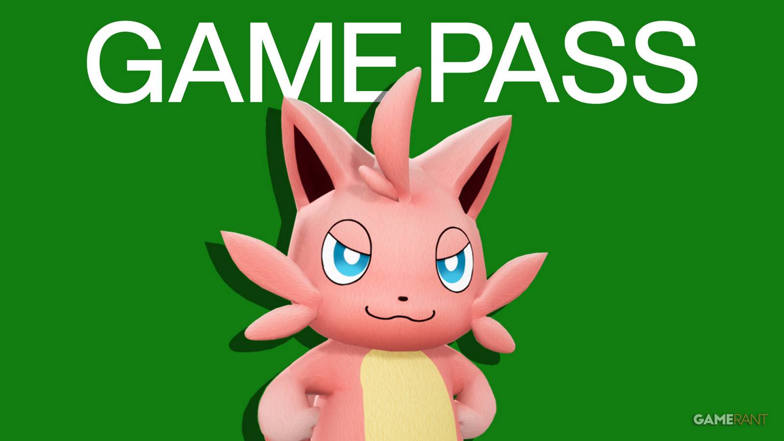 Palworld Cattiva in front of Xbox Game Pass logo 2x1 composite green background