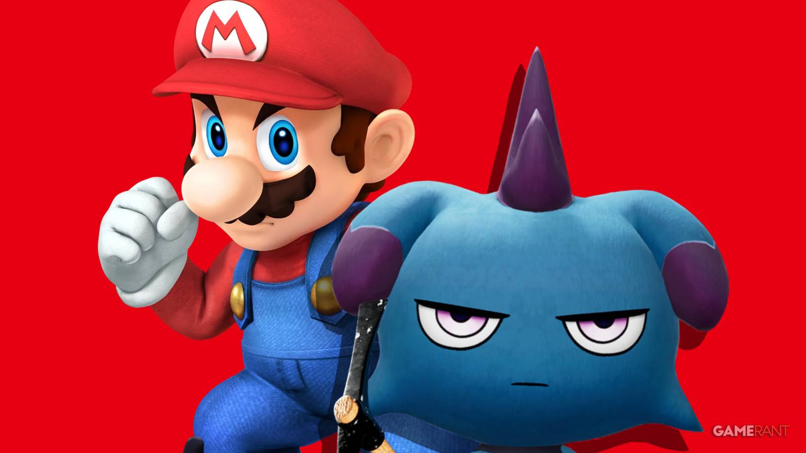 Palworld Depresso Pal in front of Mario getting ready to throw a punch on red background 2x1 composite