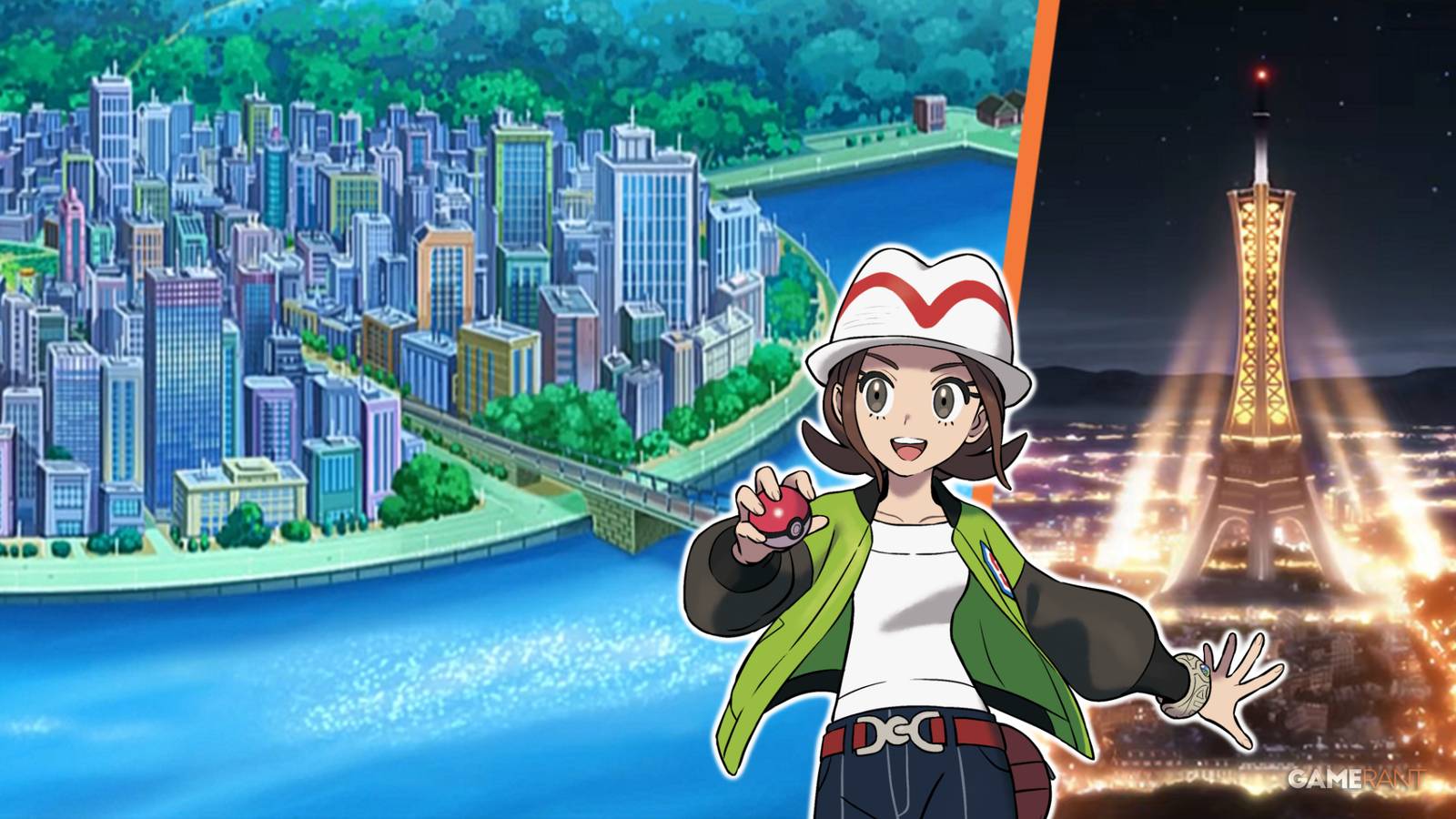 Castelia City and Lumiose City from the Pokemon anime side-by-side, with Pokemon Legends: Z-A's female trainer.