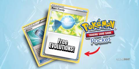two item cards from the physical pokemon tcg next to tcg pocket's logo.