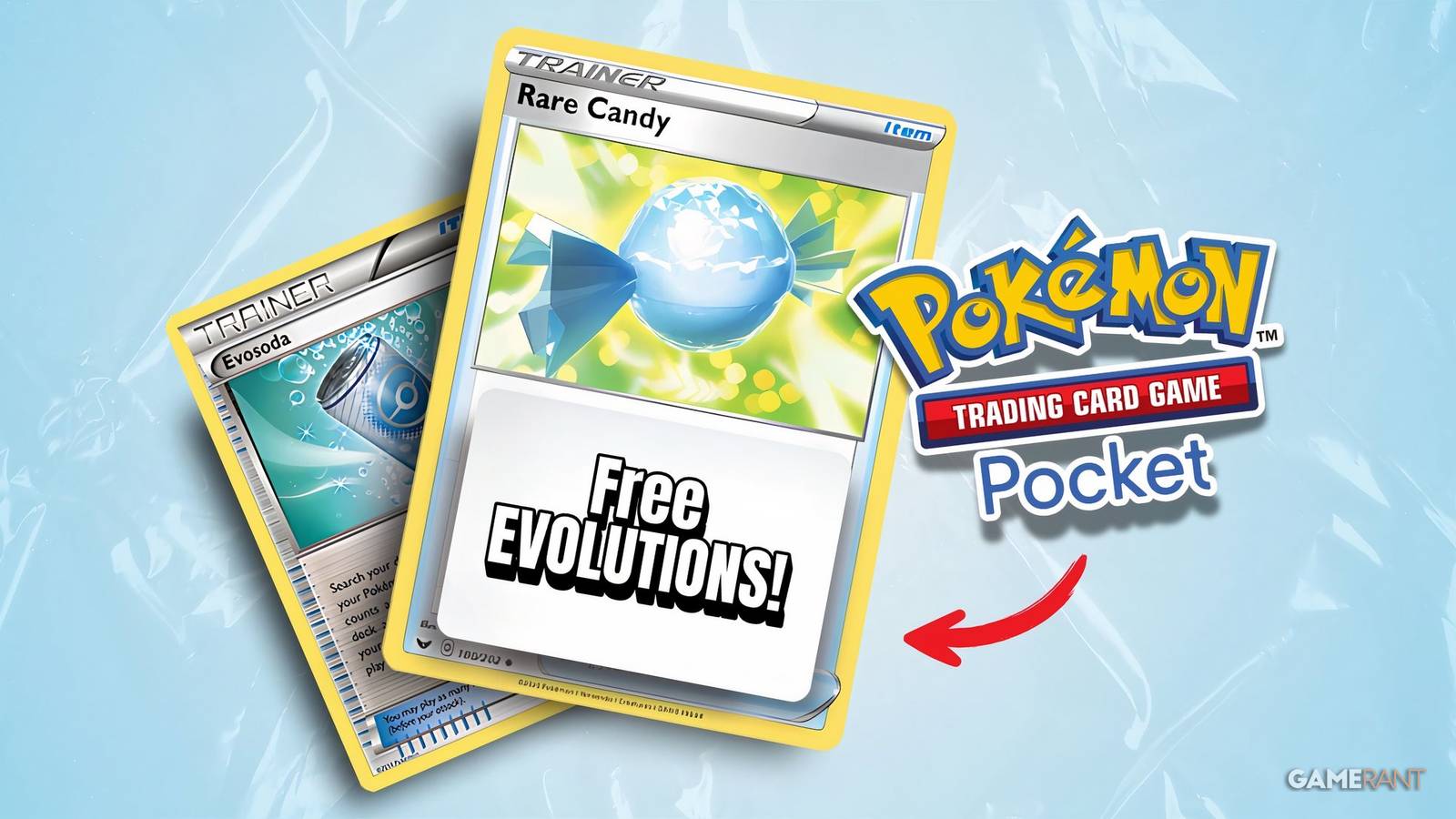 two item cards from the physical pokemon tcg next to tcg pocket's logo.