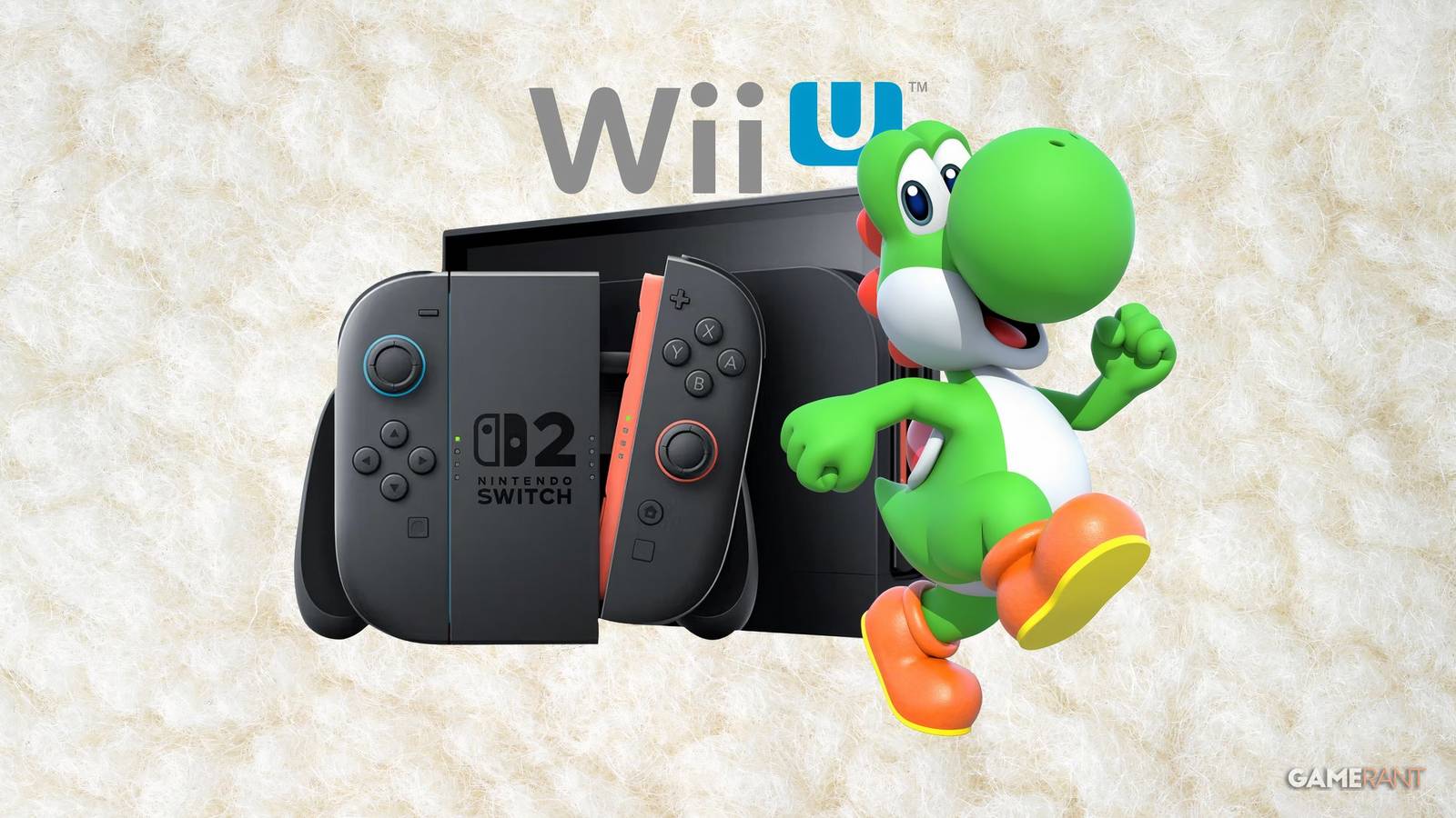 yoshi and the switch 2 next to wii u logo on a woolly background.