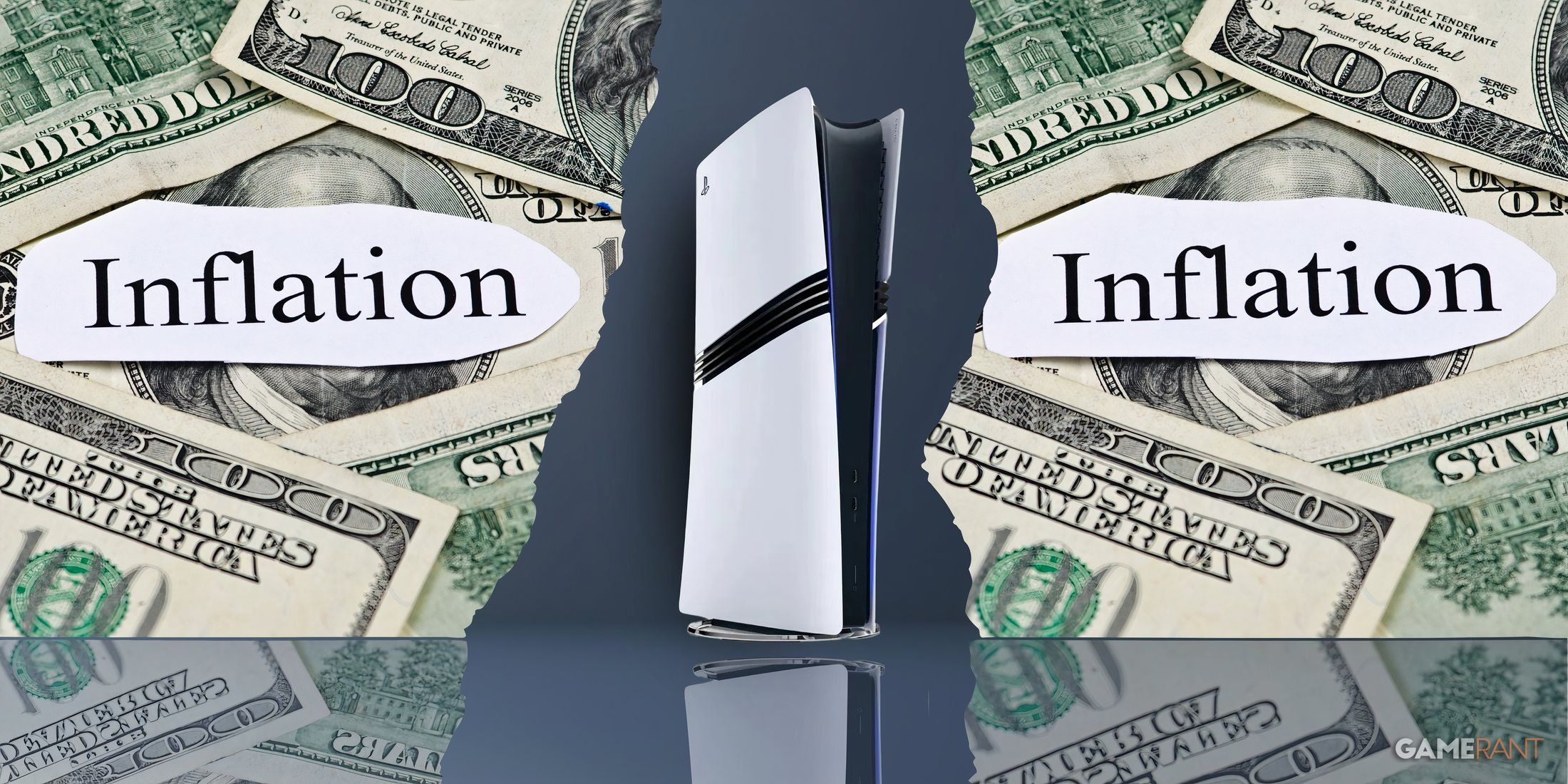 a ps5 next to dollar bills with the word inflation written on them.