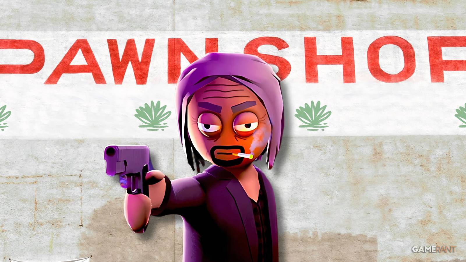 schedule one character in front of a pawn shop sign.