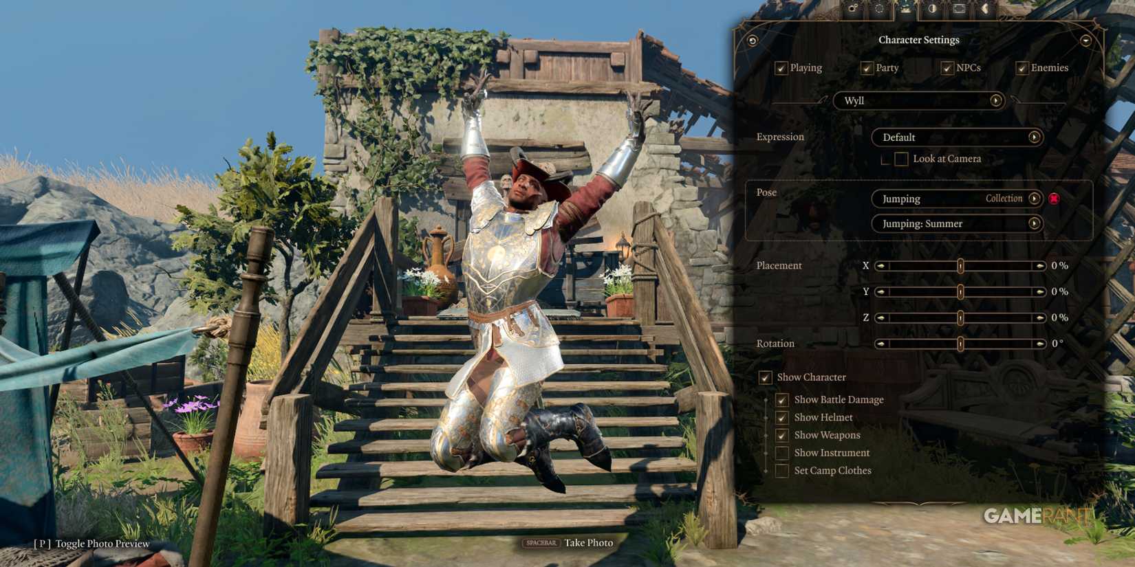 Selecting expressions, poses, and positioning for Wyll in Baldur's Gate 3 photo mode settings menu