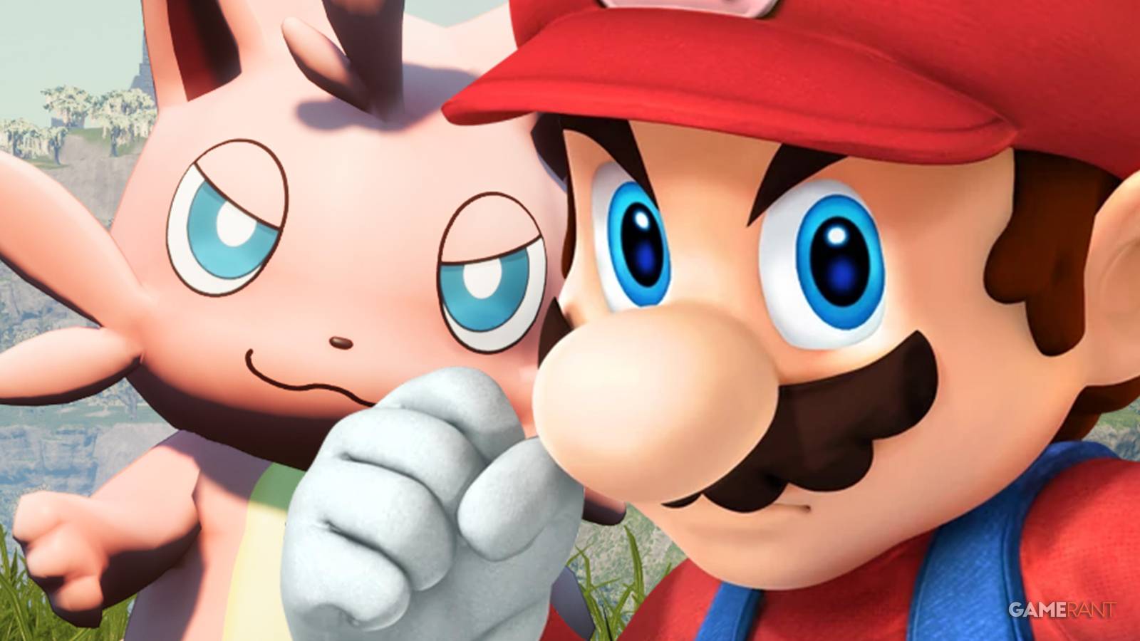 Super Mario angry in front of Cattiva from Palworld 2x1 composite