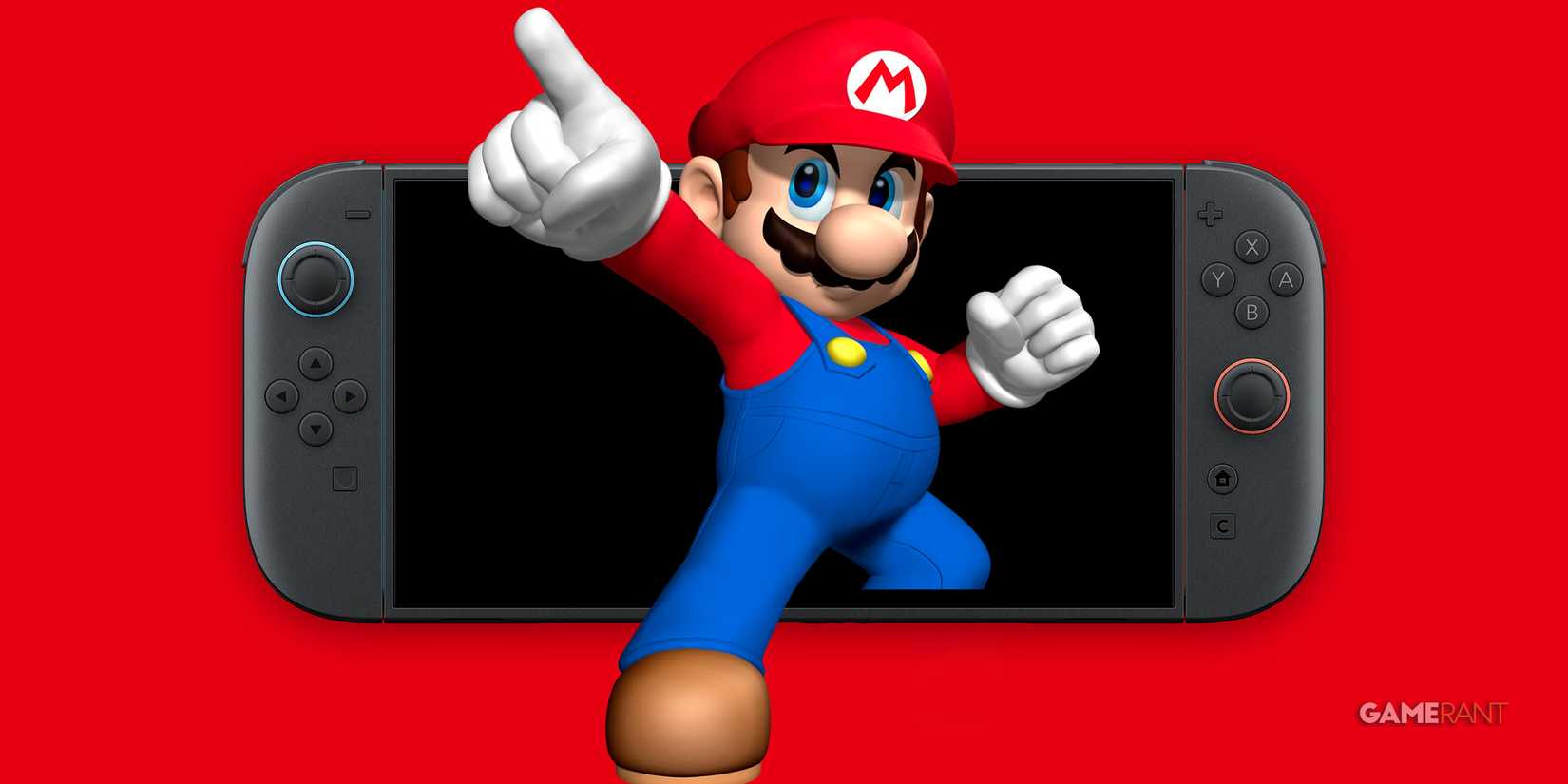 Super Mario stepping outside Nintendo Switch 2 display pointing upward 2x1 composite red background