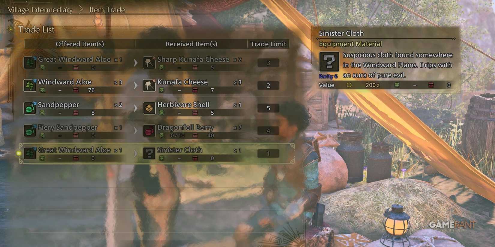 Trading for Sinister Cloth in Monster Hunter Wilds
