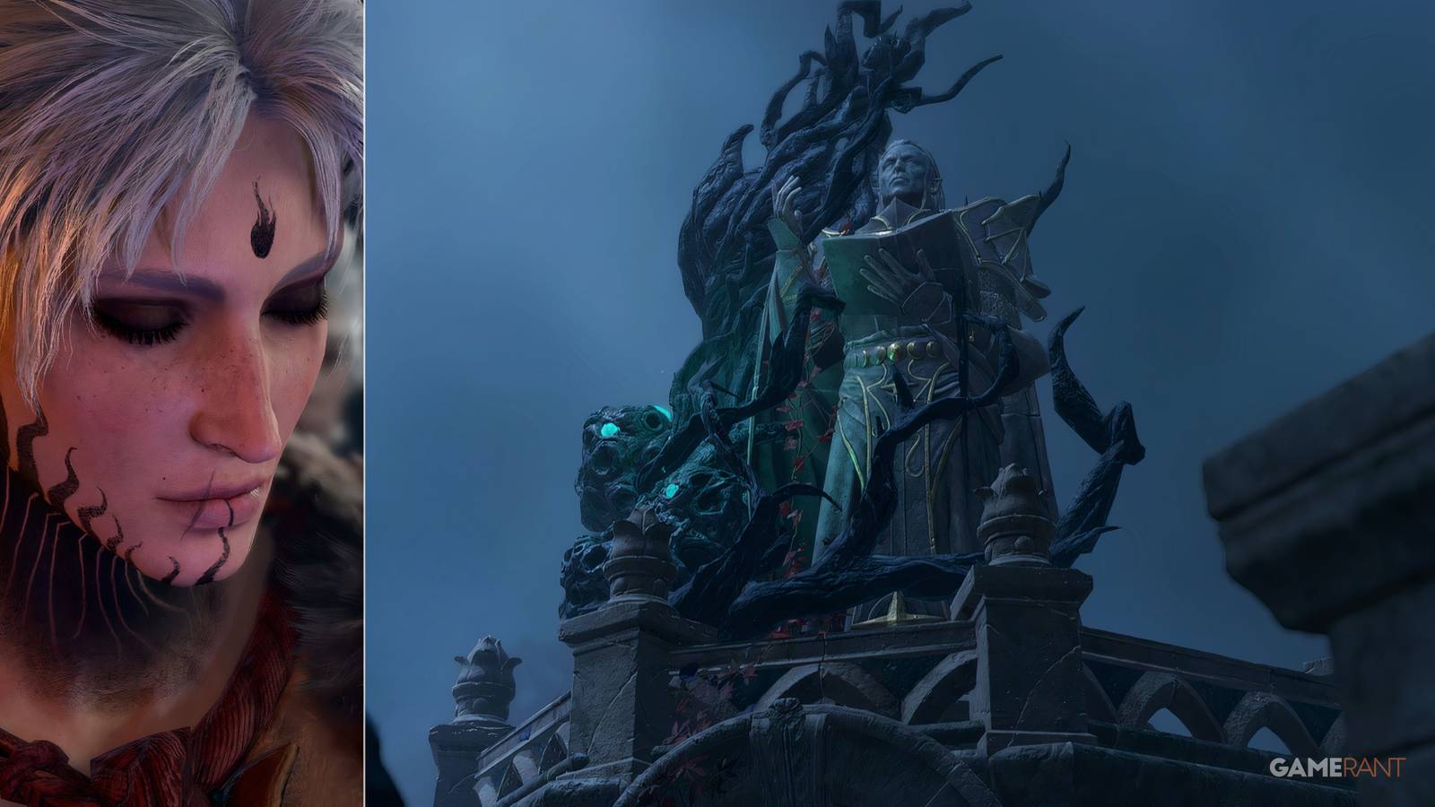 a death cleric in prayer alongside the statue in Reithworn square