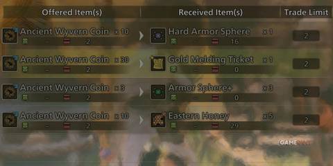Various trades including Hard Armor Sphere in Monster Hunter Wilds