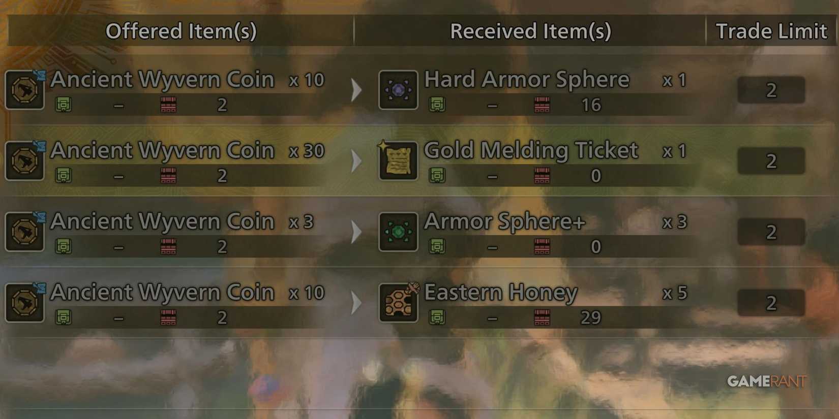 Various trades including Hard Armor Sphere in Monster Hunter Wilds