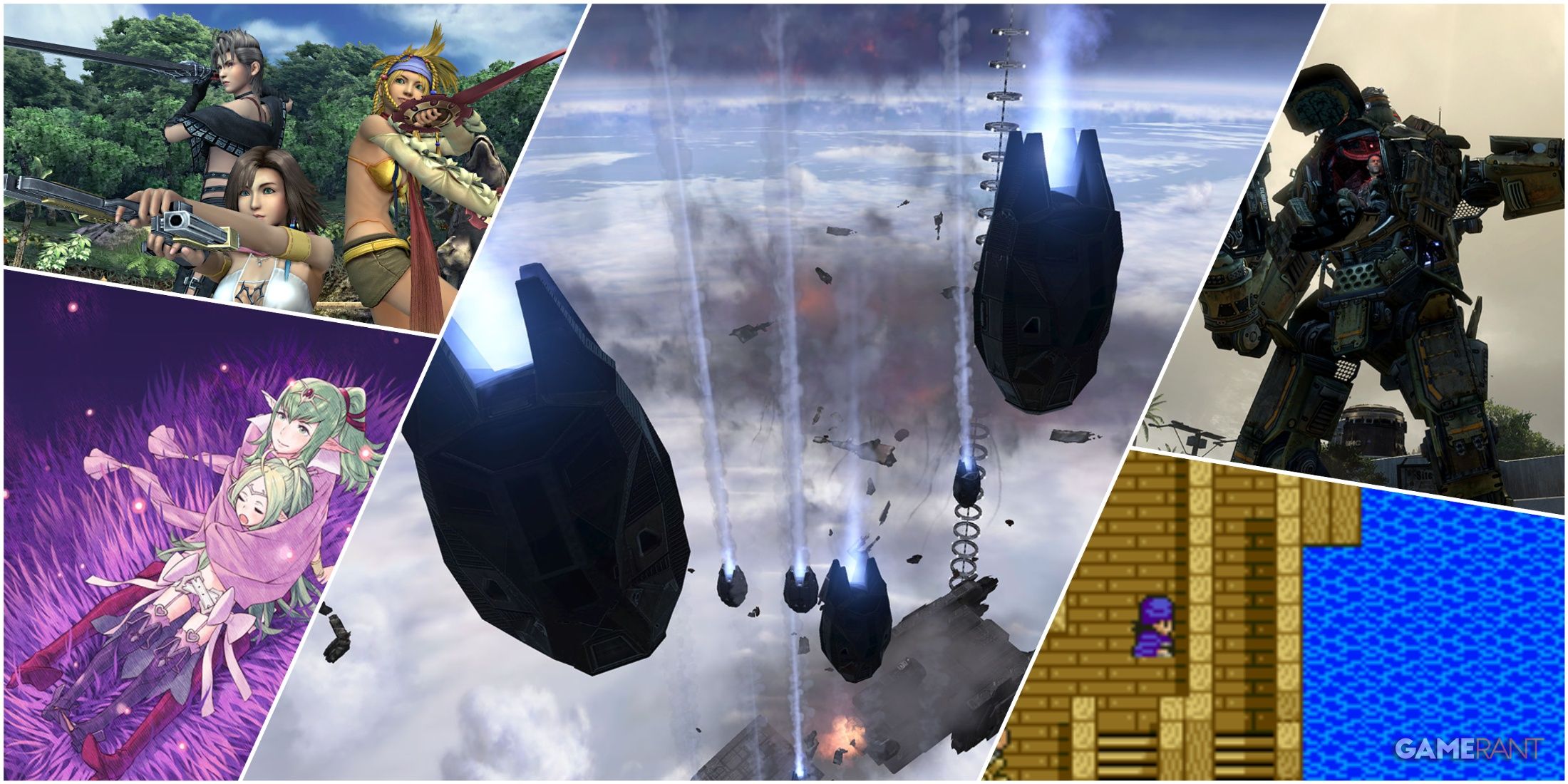 A Collage Of Key Art & Key Frames From Fire Emblem Awakening, Titanfall, Dragon Quest 5, Final Fantasy 10, & Halo 3 ODST