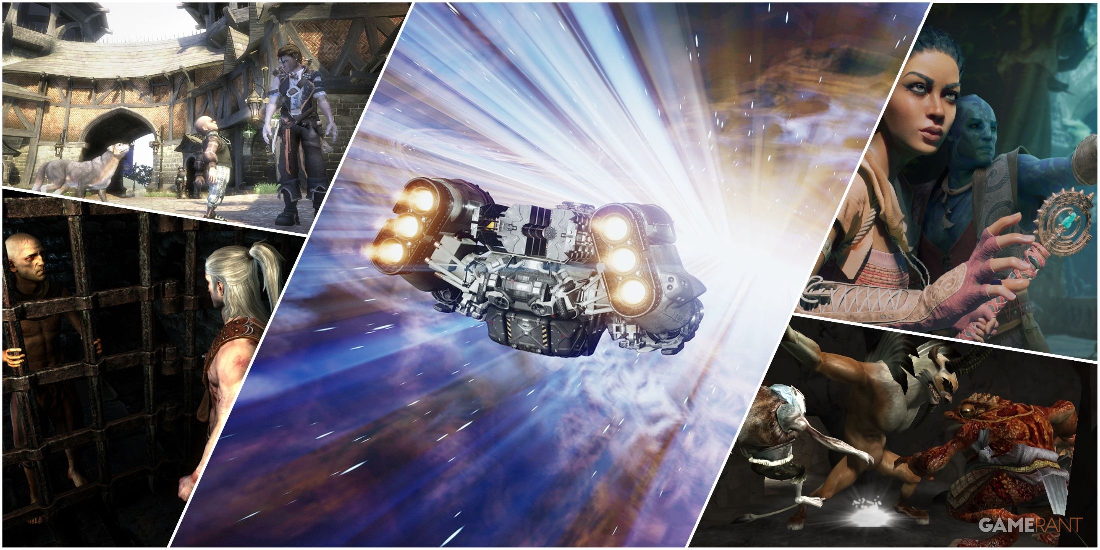 A Collage Of Key Art & Key Frames From The Witcher 2, Avowed, Starfield, Fable 2, & Jade Empire-1