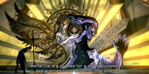 A fal'Cie delivers a speech about its purpose in Orphan's Cradle in Final Fantasy XIII