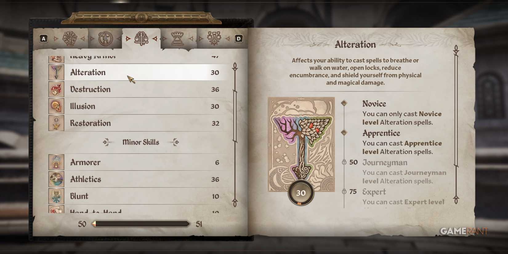 Alteration screen shows spell effects and current skill level in one of the best School of Magics in Oblivion Remastered