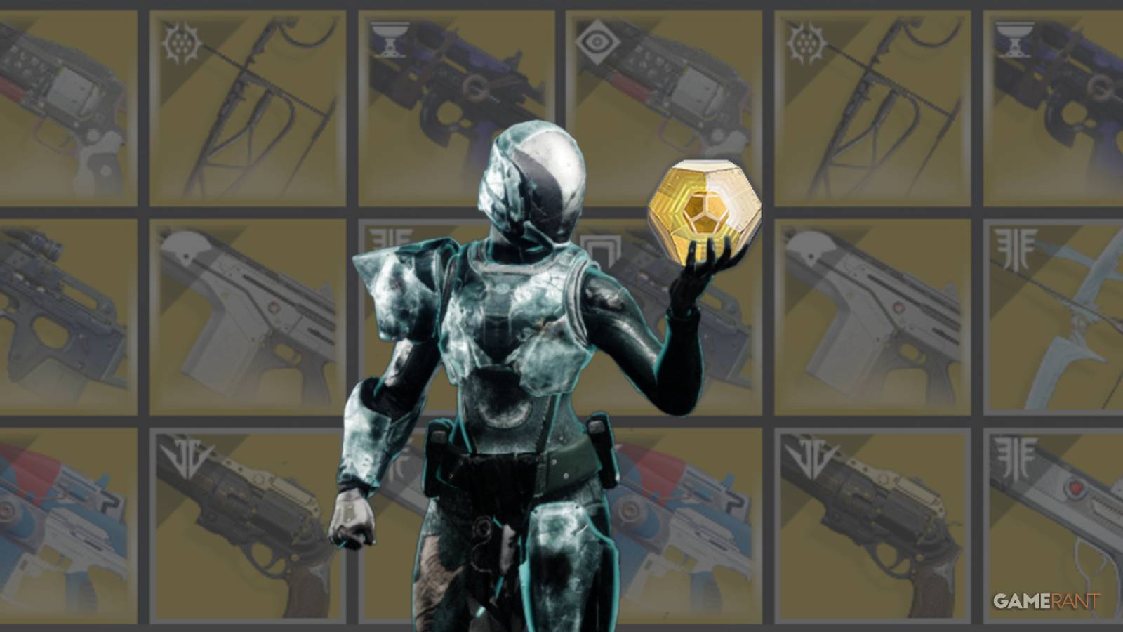 Destiny 2 Titan holding Exotic Engram with Exotic Weapons background edit GAMERANT