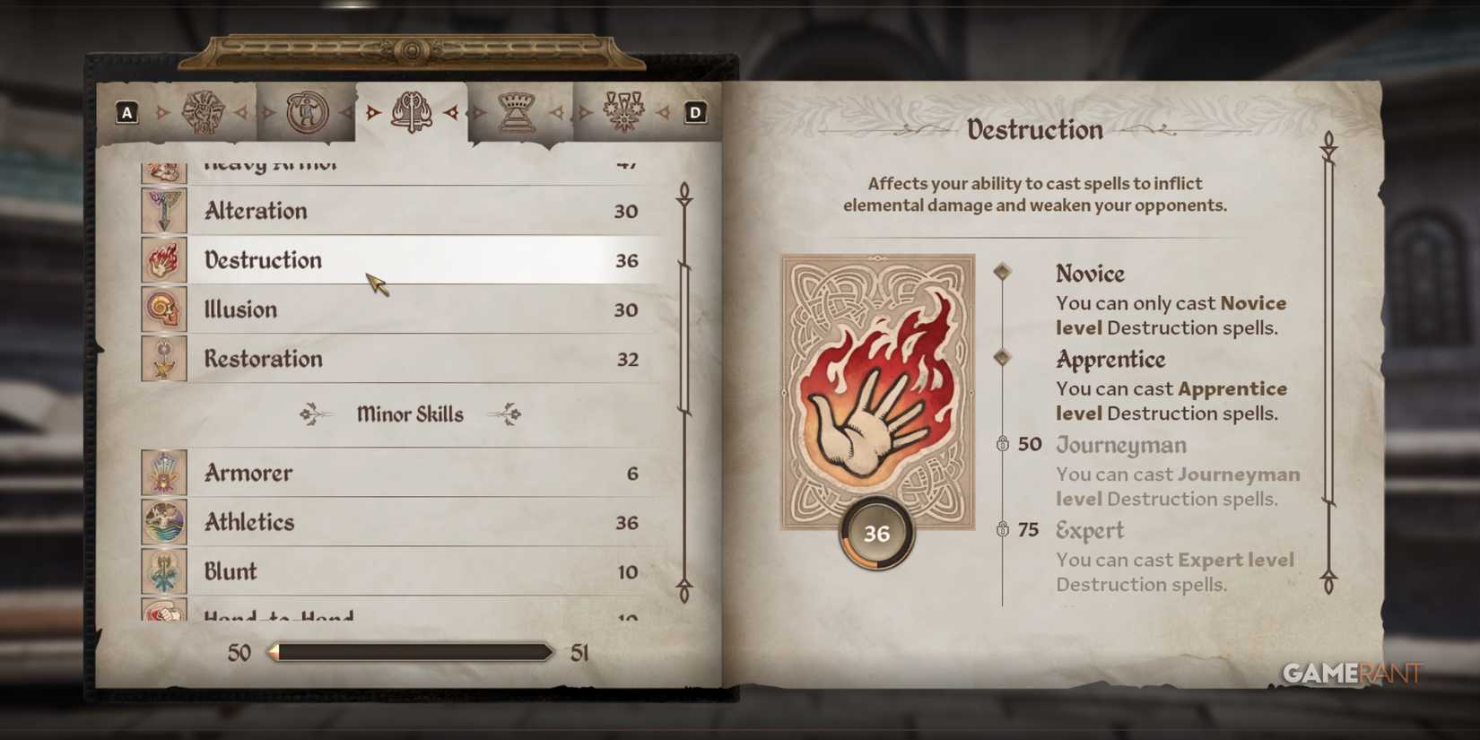 Destruction menu displays current level and fiery icon, ranking it among the best School of Magics in Oblivion Remastered