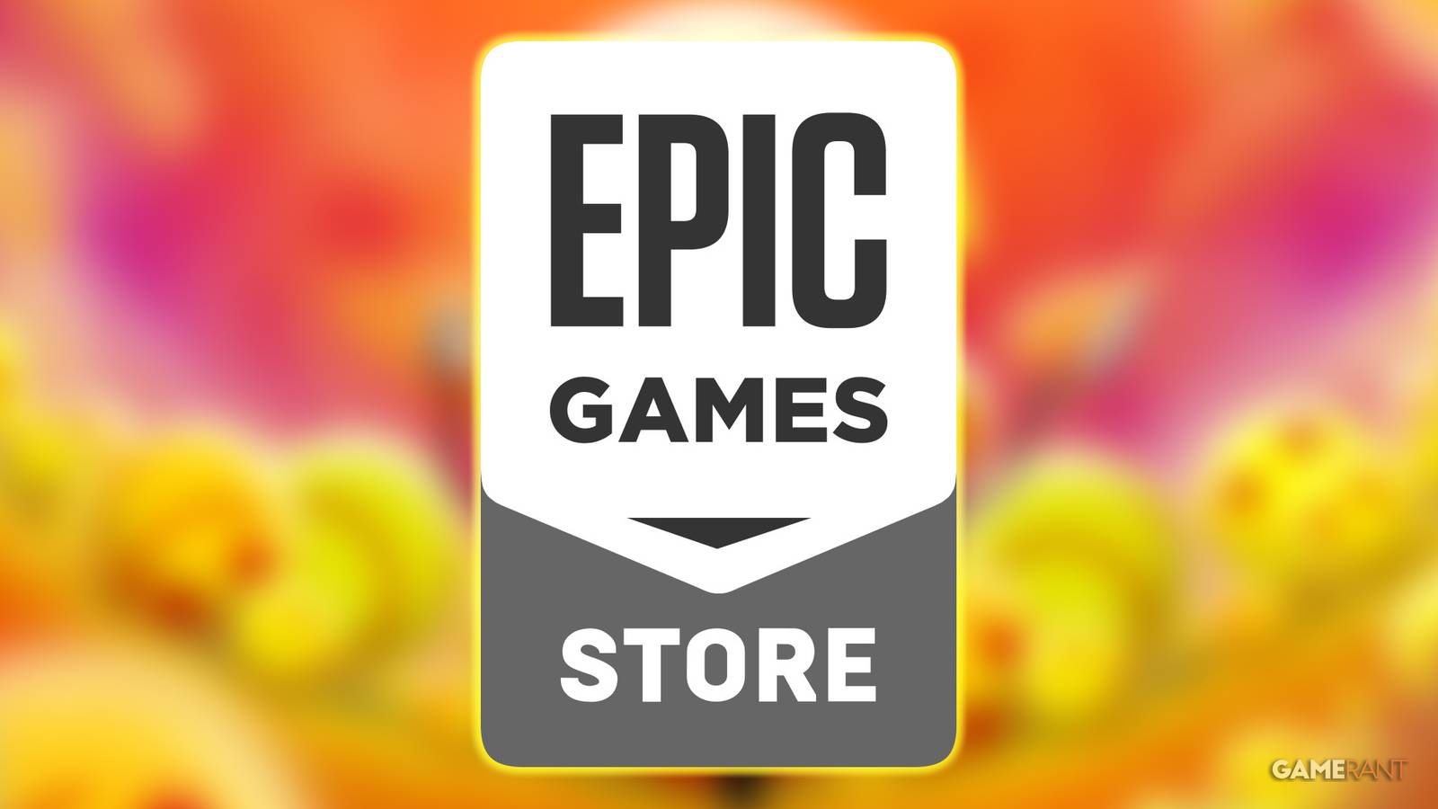 Epic Game Store glowing logo over blurred Happy Game promo screenshot