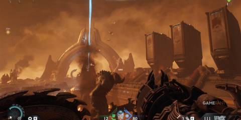 Facing the battlefield and demonic ruins in Doom The Dark Ages, featuring top-tier franchise combat