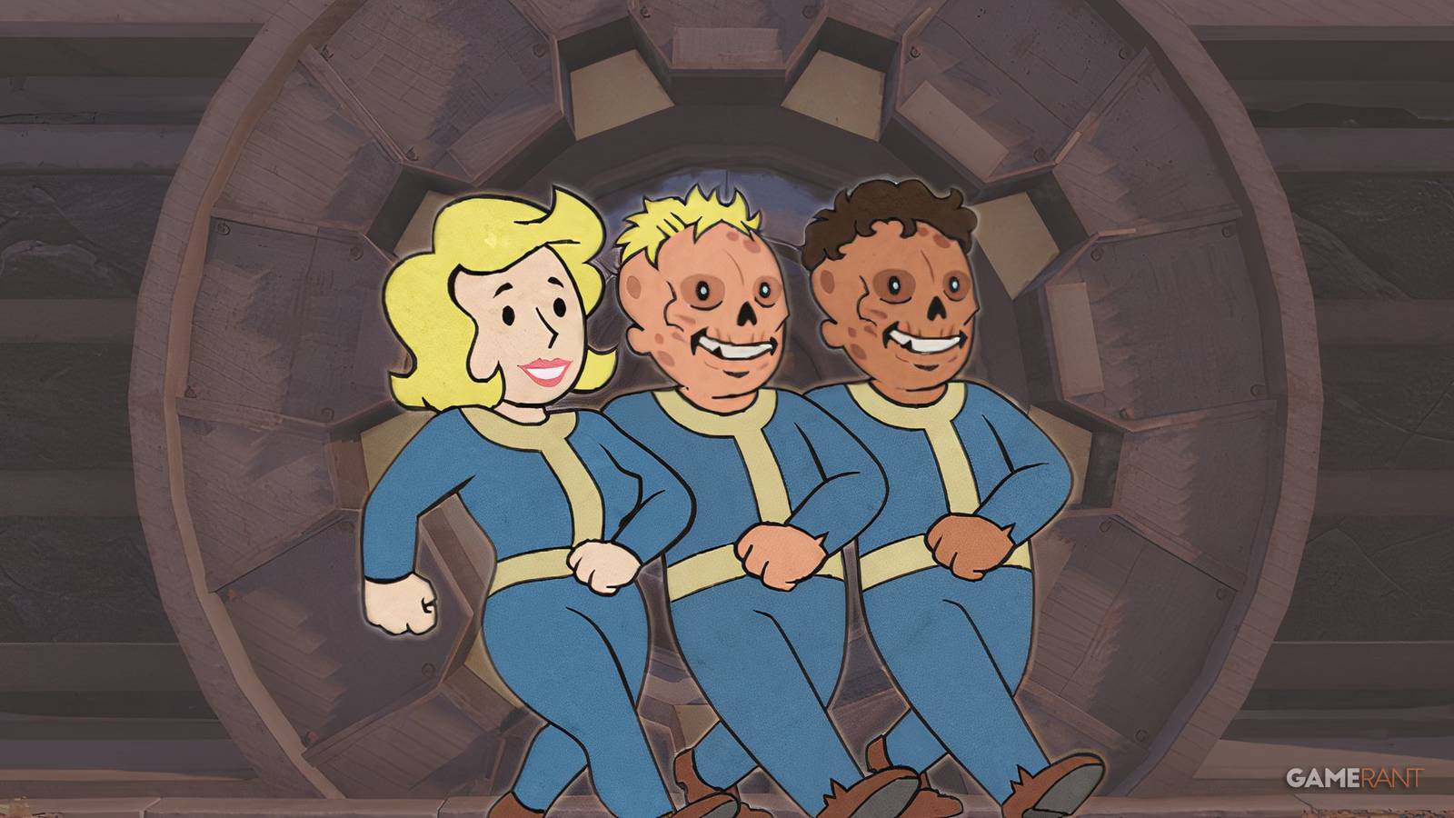 Fallout 76 vault 76 background with Ghoul Charisma SPECIAL Perk Card official art edit GAMERANT