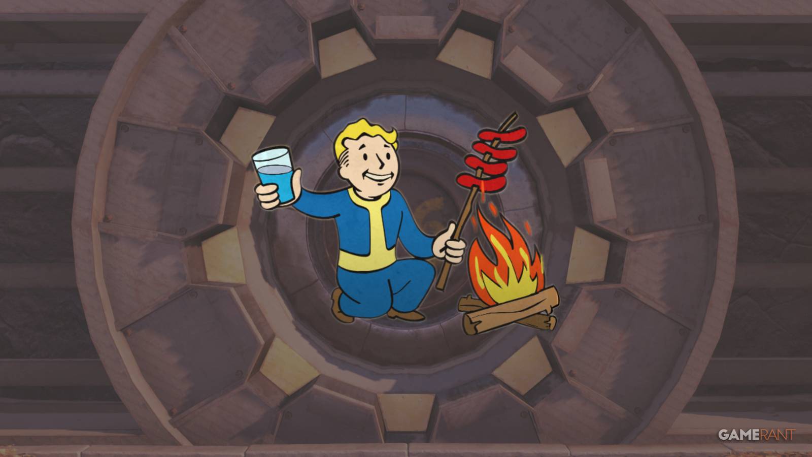 Fallout 76 Vault 76 Background with Vault Boy Happy Camper Charisma Perk Card Official Art edit GAMERANT