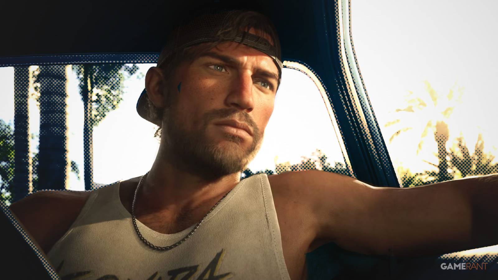 Grand Theft Auto 6 GTA VI Jason in car with reversed cap dot halftone edit