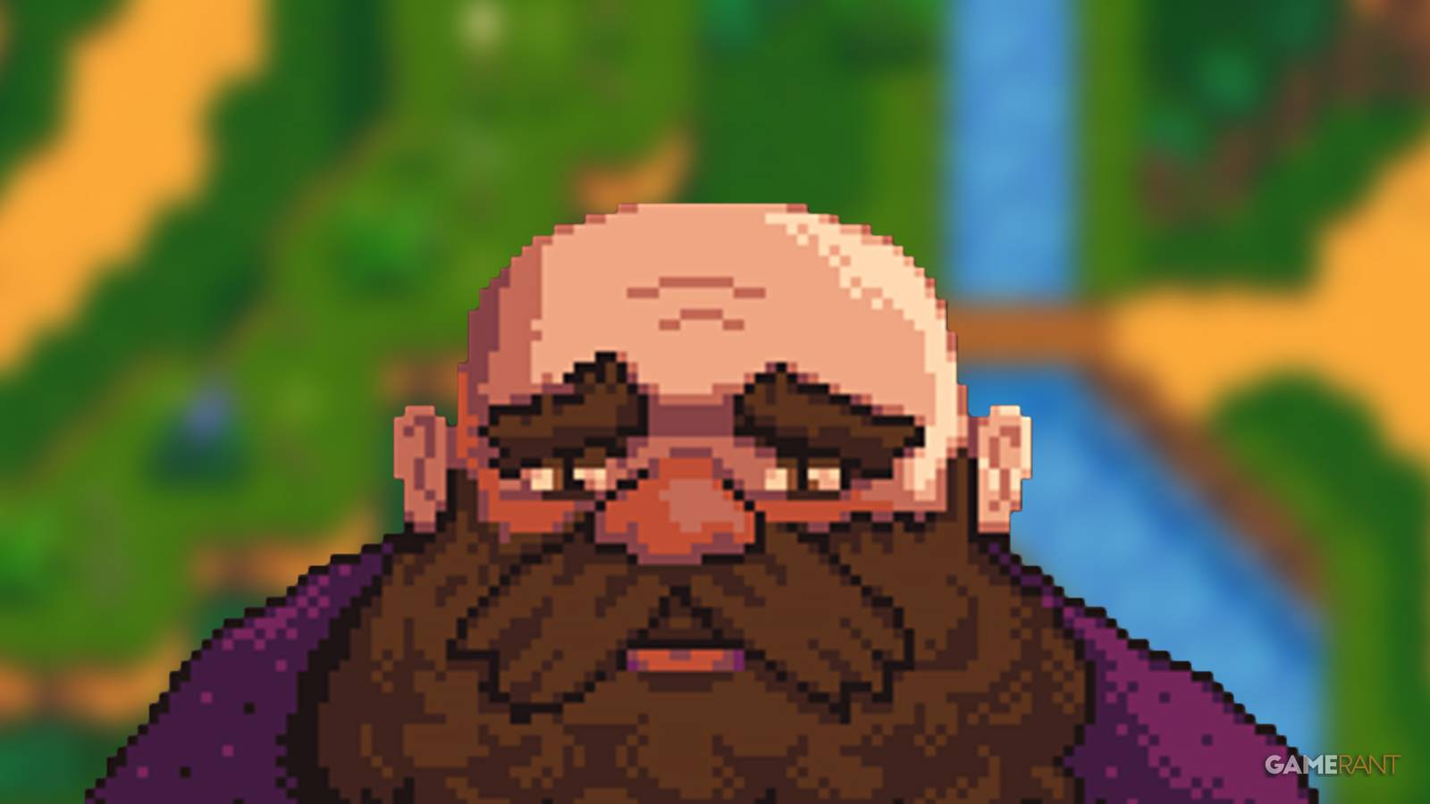 Haunted Chocolatier bald character with beard looking sad 2x1 composite